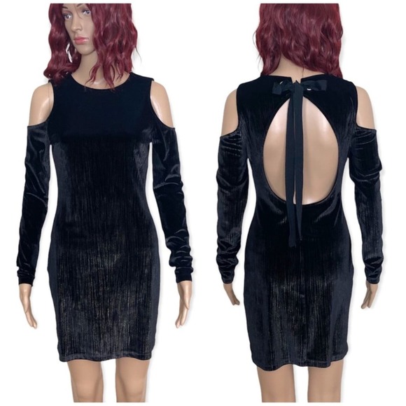 Topshop Velvet Open Back Dress Womens size 6 Black Gold Metallic Peep Shoulder - Picture 2 of 9